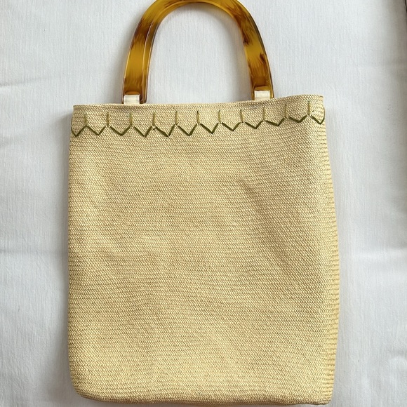 Andrea Stuart New York Straw Embroidered Bag Lucite Handles - Picture 6 of 10